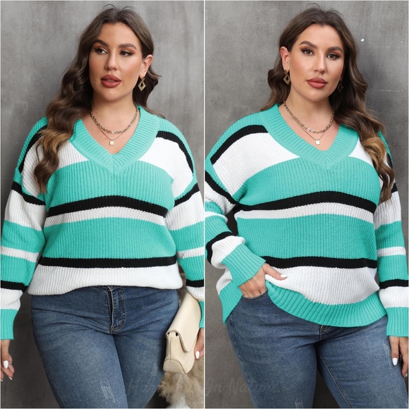 Bold Lines V-Neck Sweater - T Blue - Picture 1 of 5
